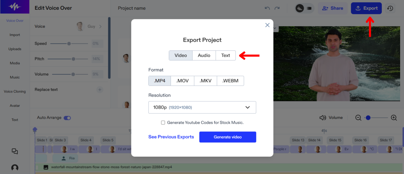 Export on Speechify Voice Over